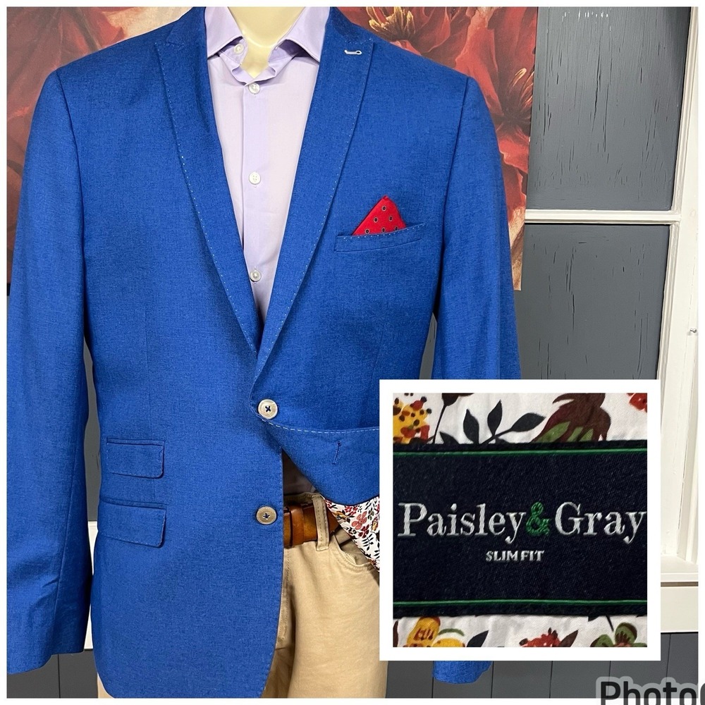 Paisley & Gray Blazer Sport Jacket Men 46R Slim Fit Polyester Blend Stretch Blue